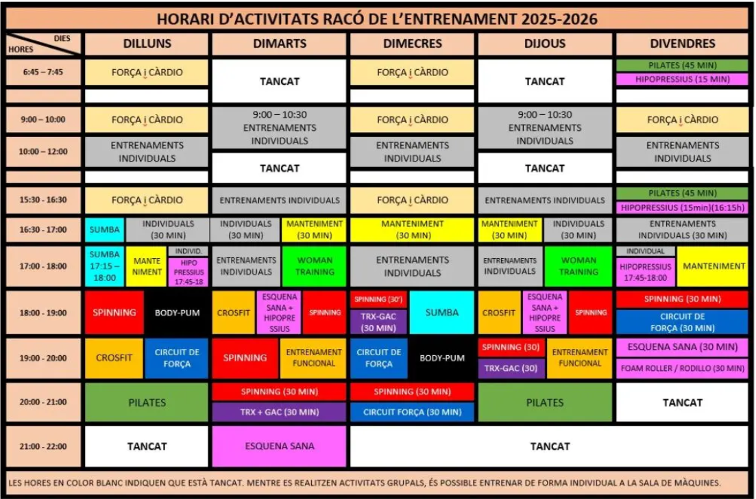 HORARIS DEL RACÓ DE L’ENTRENAMENT